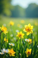 Fototapeta premium Daffodils and other wildflowers in a sunny meadow, unspoiled, meadow, scenery