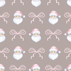 Santa Claus, bow. Watercolor seamless pattern in pastel colors. Cute cartoon illustration for textile and paper for Christmas