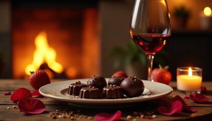 A romantic evening with a delicious dinner of chocolates and wine in front of a fireplace, dinner, wine, fireplace