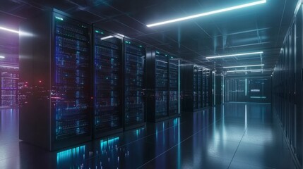 Futuristic Data Center Interior with Server Racks and Neon Lighting in a High-Tech Environment for Modern Technology and IT Infrastructure Concepts