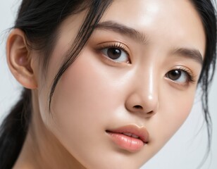 Fototapeta premium Portrait of a beautiful young Asian woman with fresh clean skin and long thick black hair