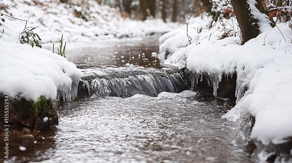 Poster tranquil winter stream flowing through snowcovered forest : generative ai