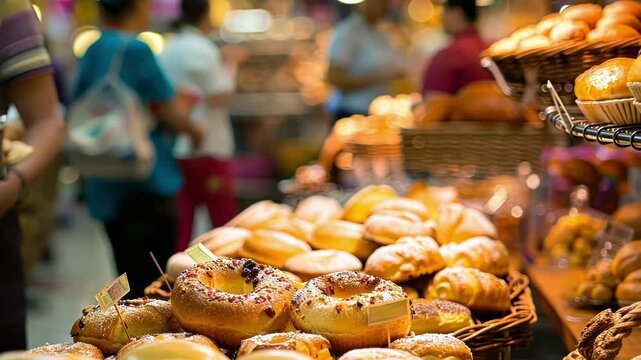 Blurry glimpses of vendors haggling over prices and customers sampling fresh baked goods at an indoor market.