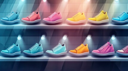 Colorful Athletic Shoes Displayed on Shelves with Bright Lighting, Showcasing a Variety of Styles and Hues in a Contemporary Retail Setting