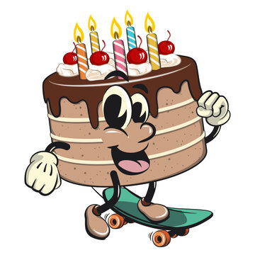recommend clip art: cute birthday chocolate cake cartoon character mascot playing skateboard, work of hand drawn