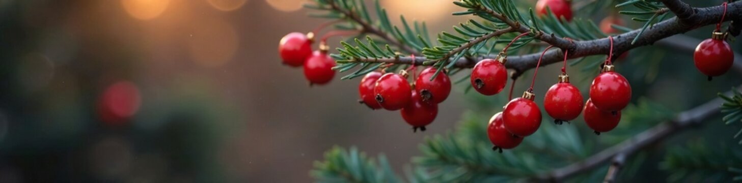 Red berries hang from the branches of a bare Christmas tree, tree, red, ornaments