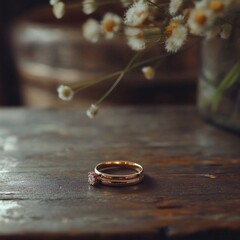 Elegant rose gold engagement ring on rustic wooden table with daisies