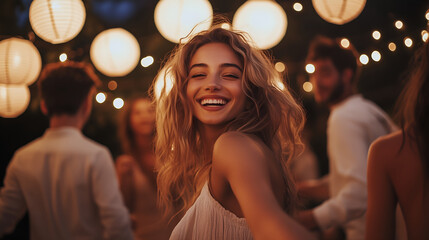 Sober social dancing under paper lantern constellation