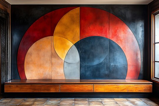 Abstract Geometric Wall Art with Wooden Bench