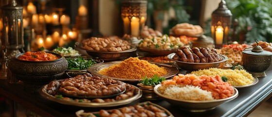 Abundant spread of various Middle Eastern dishes served on antique-style platters under candlelight.