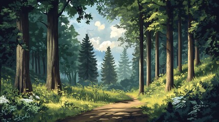 Fototapeta premium Enchanting Woodland Path in Lush Forest with Sunlight Filtering Through Trees : Generative AI