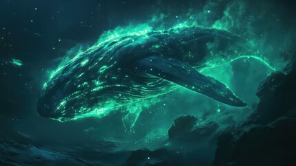 Fototapeta premium Glowing Whale Emerging from a Sea of Green Mist