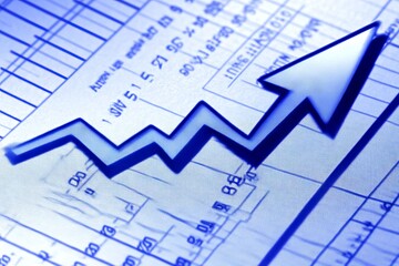 A blue piece of paper with a graph and a single arrow pointing upwards