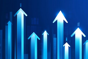 A blue background with a series of arrows pointing upwards