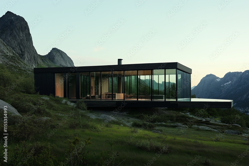 Poster a lone building with sharp edges and large glass panels under a clear sky