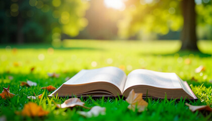 Blurred background open book on grass in sunny park