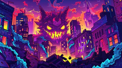 Obraz premium A monstrous creature looms over a vibrant, neon-lit city at sunset, causing destruction and chaos.