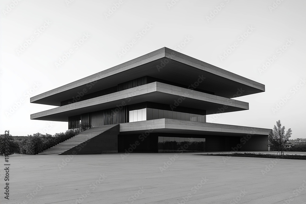 Poster A lone building with sharp edges and large glass panels under a clear sky