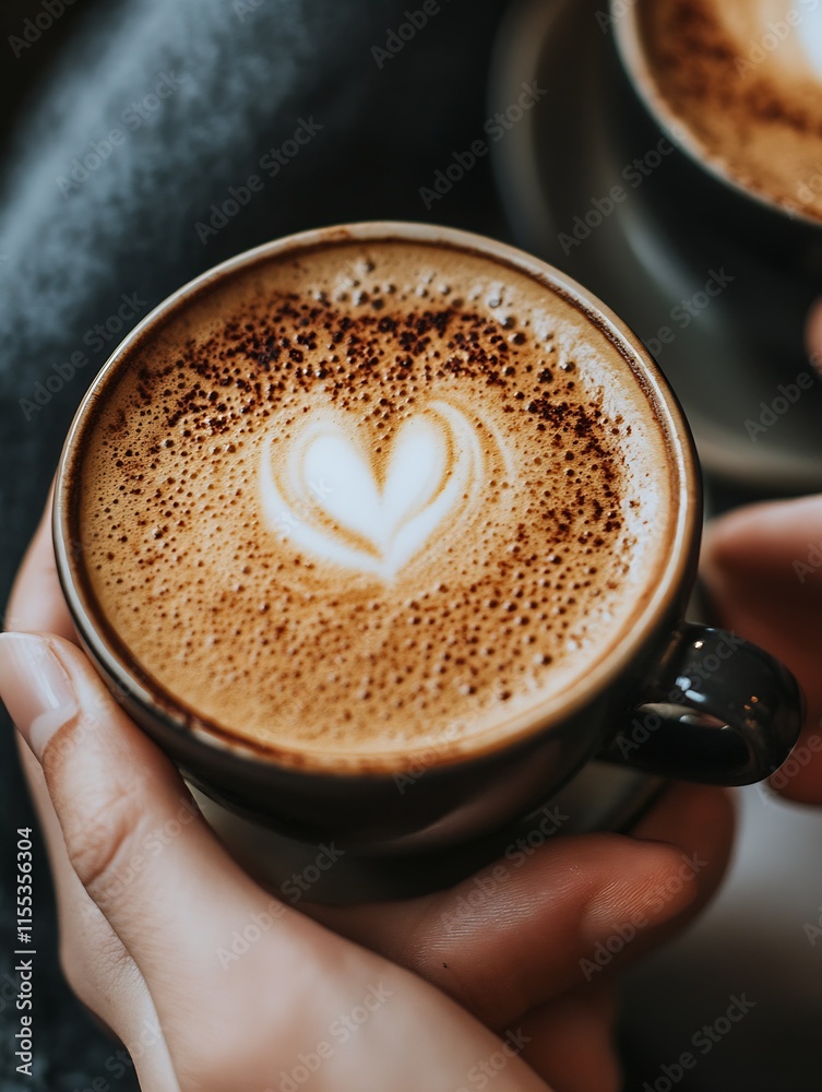 Poster Hand Holding Cup of Coffee with Heart Latte Art in Cozy Cafe Setting : Generative AI
