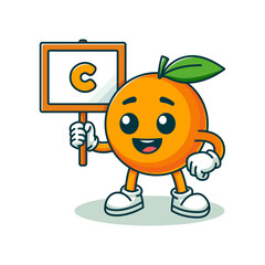 Simple Stylized Illustration Of Smiling Cartoon Orange Holding a Sign with C