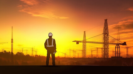 Silhouette engineer standing orders for construction , Construction Silhouette at Sunset