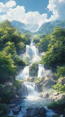 Fototapeta premium Anime style waterfall cascade in lush forest vibrant nature art serene environment dynamic viewpoint