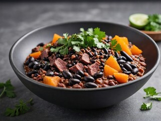 A close-up of a Feijoada meal in a bowl.