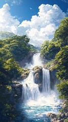 Majestic waterfall cascade in lush forest anime style art vibrant colors tranquil environment scenic view