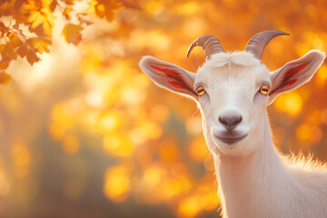 Obraz premium Curious goat enjoying autumn sanctuary life