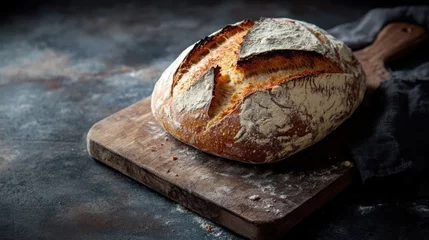Gordijnen Freshly baked sourdough bread on wooden board. © Junaed Ahamed Sakib