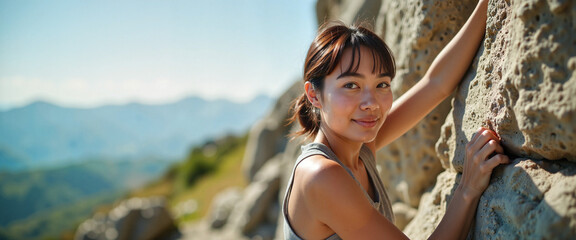 Climber enjoys her ascent on a sunlit rock face in the Japanese mountains during a clear day