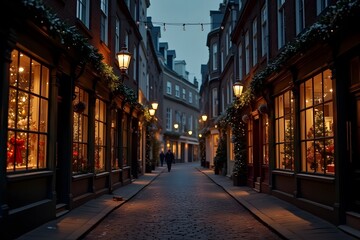 Naklejka premium A quiet cobblestone street with festive shop windows glowing warmly.