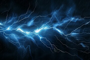 Fototapeta premium Bright lightning illuminates dark night sky as heavy rain falls, creating dramatic and powerful scene