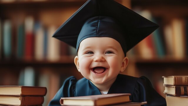 A portrait of genius baby boy wearing graduation costume and stack of books established child education insurance concept,Generative AI Illustration