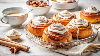 Low Light Cinnamon Buns Photography: Delicious Cream-Topped Pastry on White
