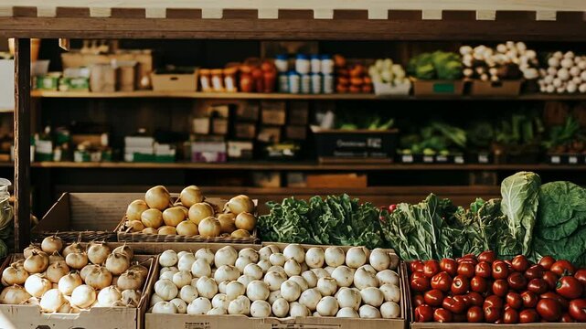 Fresh vegetables displayed at a local market stand in the afternoon sun