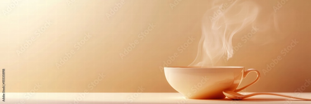 Fototapete steam rises from a warm soup bowl with a spoon placed beside it in a minimalist setting with copy sp