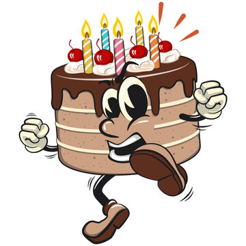 recommend clip art: cute birthday chocolate cake cartoon character mascot enthusiastically jumping and kicking, work of hand drawn