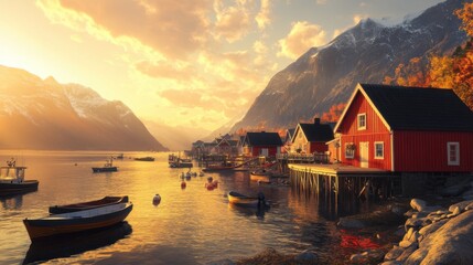 A tranquil Nordic fishing village with vibrant red cabins and colorful boats, set by a calm fjord under a glowing sunrise.