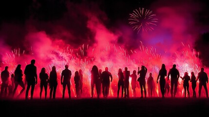 Fototapeta premium Silhouetted crowd watching vibrant fireworks display at night.