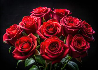 Obraz premium Dark romance unfolds: a nocturnal bouquet of black-background roses, richly detailed.