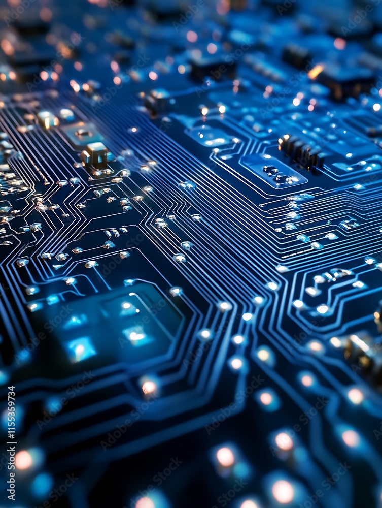 Poster Close Up of Blue Circuit Board with Glowing Microchip and Electronic Components for Tech Enthusiasts : Generative AI