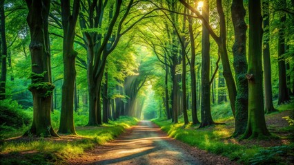 Deep woods beckon on a scenic, hiking trail; the peaceful, autumnal landscape photographed with the rule of thirds.