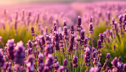 Fototapeta premium Close-up of a vibrant lavender field at sunrise.