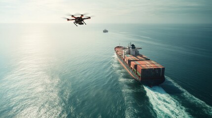 Drone flying over an AI-enabled cargo ship with advanced smart sensors and satellite systems against a clear ocean backdrop.
