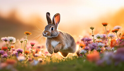 In a breathtaking field of wildflowers, a small rabbit is mid-hop, its paws elegantly lifted above the colorful blossoms as the sun sets, casting a warm glow over the landscape