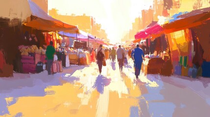 Vibrant Market Street at Sunset with Colorful Stalls and People Walking, Capturing the Lively Atmosphere of Local Commerce and Community Interaction