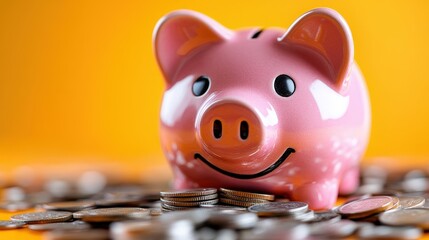 A cheerful piggy bank surrounded by scattered coins symbolizes savings and financial wisdom, offering a delightful visual representation of economic aspirations and opportunities.