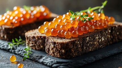Two slices of toasted rye bread topped with orange salmon caviar, garnished with fresh thyme sprigs on a dark slate plate.