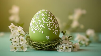 Easter elegance: A green egg decorated with white blooms on a pastel green backdrop, ideal for holiday greetings.